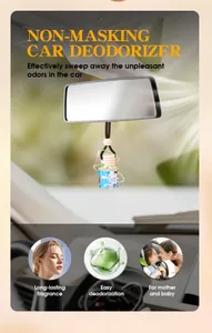 Hanging glass bottle car air freshener with wooden cap on rearview mirror detail view.