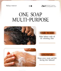 Multi-purpose 2-in-1 fragrance soap infographic for refreshing hair wash and body shower