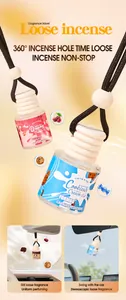 Detail of FORMBO car air freshener glass bottle with wooden cap hanging in a vehicle