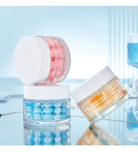 Macro view of FORMBO skin care essence creams showing unique capsule texture in jars