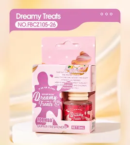 Detailed view of FORMBO Dreamy Treats car air freshener packaging and 8ml glass bottle
