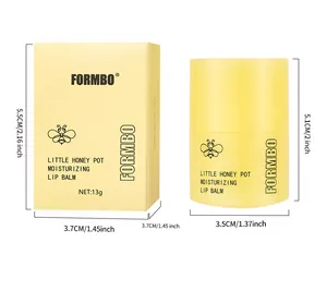 Dimensions of FORMBO Little Honey Pot moisturizing lip balm and outer box packaging