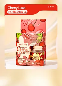 Detailed view of FORMBO Cherry Luxe car hanging perfume in 8ml glass bottle packaging