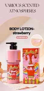 Detailweergave van FORMBO aardbei bodylotion met decoratieve verpakking en huidtextuur