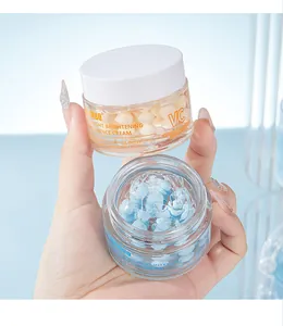 Close-up of FORMBO brightening and moisturizing essence creams showing unique capsules inside.