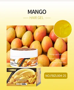 Gedetailleerde weergave van FORMBO mango haargel met gladde gele textuur en geur
