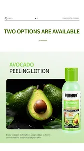Vista detallada de la loción exfoliante de aguacate FORMBO e ingredientes naturales.