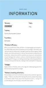 Carte d'information produit pour la lotion solaire FORMBO avec détails d'efficacité SPF50+