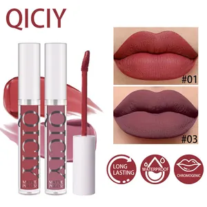 Detail view of QICIY long-lasting matte lip gloss in shades #01 and #03, waterproof formula