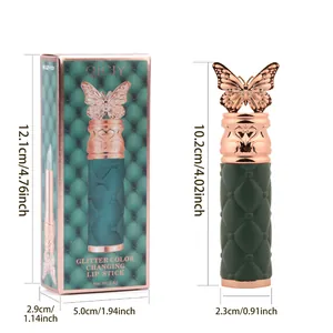 Dimensiones detalladas del labial de brillo QICIY con diseño de mariposa y empaque