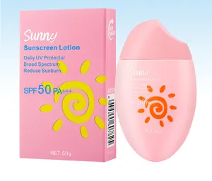 Vue détaillée de la lotion solaire rose Sunny SPF 50 avec sa boîte d'emballage