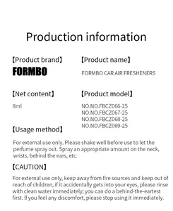 Informations détaillées sur le désodorisant de voiture FORMBO avec instructions d'usage