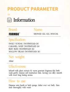 Detailed information chart for FORMBO mild cleansing shower gel with usage instructions