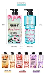 FORMBO dessert-themed shower gel collection with detailed dimensions and multiple variants.