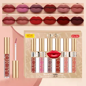 QICIY 6-piece matte lip gloss set featuring diverse shades on lips and sleek packaging.
