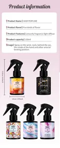 Detailed specifications for FORMBO 100ml hair perfume spray with five scent varieties.