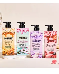 FORMBO dessert-themed shower gel set with four unique sweet scents and 458ml bottles.