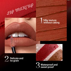 Matte waterproof lipstick with silky texture and sweat-proof formula for long-lasting wear.