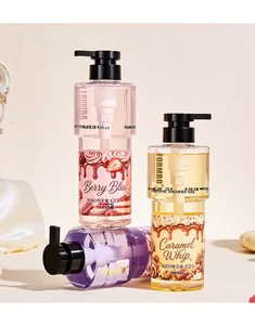 Detail view of FORMBO candy-themed perfume shower gel bottles in berry and caramel scents