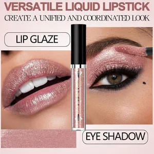 Macro detail of shimmering glitter liquid eyeshadow and lip glaze on a female model