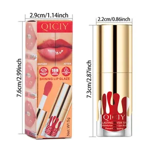 Detailansicht von QICIY Lipglaze und Box mit präzisen Größenangaben in Zoll und Zentimeter