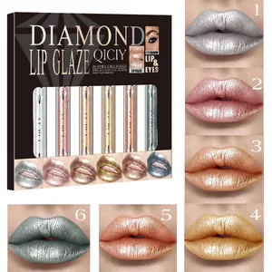 QICIY 6-color glitter lip glaze set with liquid eyeshadow swatches in metallic shades