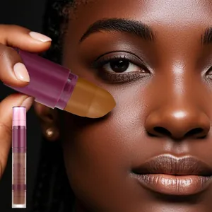 Detail shot of QICIY concealer stick applied on dark skin for flawless contouring