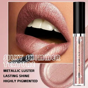 Close-up of QICIY metallic shimmer lip gloss showing rich texture and pigment on lips.