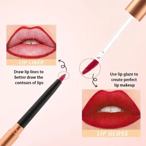 Detailansicht von mattem Lippenkonturenstift und Lipgloss Set mit Anwendungsschritten