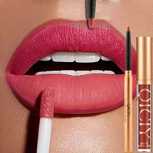 Detailansicht des matten Lippenkonturenstift- und Gloss-Sets von QICIY auf Lippen.