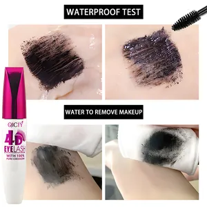 Detail der wasserfesten QICIY 4D-Mascara mit Farbmustern und Make-up-Entfernungstest
