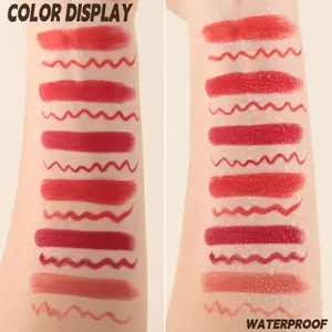 Presentación profesional de muestras del set de 6 delineadores y labiales mate impermeables.