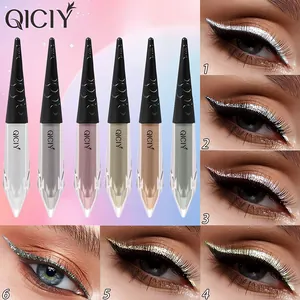 Nahaufnahme des 6-Farben-QICIY-Eyeliner-Sets mit Perlglanz-Effekt und Augen-Make-up-Beispielen