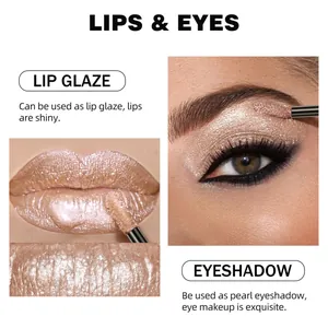 Close-up detail of shimmering liquid eyeshadow and lip glaze applied to eyes and lips.
