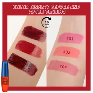 Comparación de color de brillo de labios peel-off en el brazo antes y después
