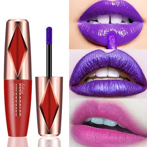 Detail of peel-off lip gloss showing vibrant purple and pink matte and shimmer textures.
