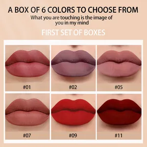 Detail view of six matte lip gloss shades showing various vibrant color textures.