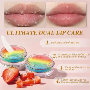 Detail des Regenbogen-Lippenpeelings mit gefrosteter Textur und Erdbeer-Vorteilen