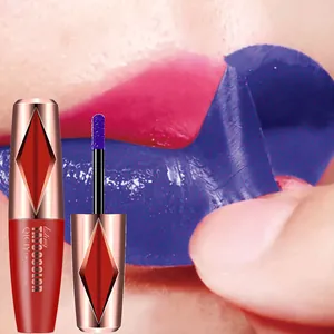 Detailed macro shot showing the peeling effect of purple long-lasting lip stain by QICIY