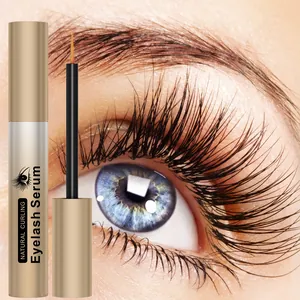 Close-up detail of eyelash serum applicator with natural curling effect on long lashes.
