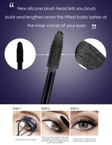 Detailansicht des Silikon-Bürstenkopfs und die 3-Schritte-Anleitung für diese Mascara