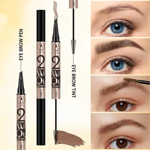 Detail view of 4-prong eyebrow pen and tint showing waterproof effect on brows