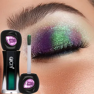 Detail showing purple and green chameleon liquid eyeshadow effect on eye with applicator.