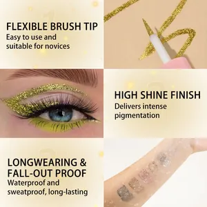 Detailansicht der flexiblen Pinselspitze, des Glanzes und der Glitzer-Eyeliner-Farbmuster.