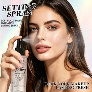Professional model demonstrating QICIY matte hydrating setting spray with fine mist effect