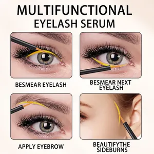 Instructional guide showing multi-use eyelash serum application on lashes and brows