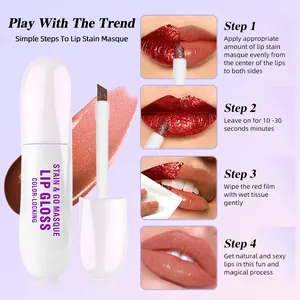 Four-step guide for QICIY color-locking lip gloss stain masque showing application and results