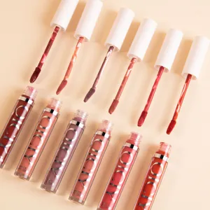 Detail view of a 6-color matte lip gloss set with various shades and applicators