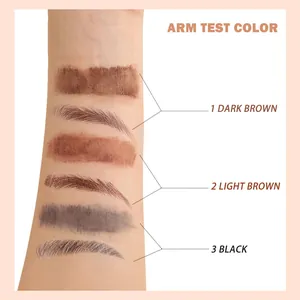 Arm swatches of 4-fork eyebrow pencil in dark brown, light brown, and black colors.