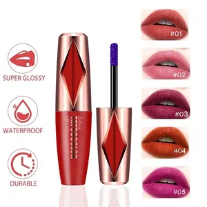Detail view of QICIY peel-off lip gloss with applicator and 5 shades swatches